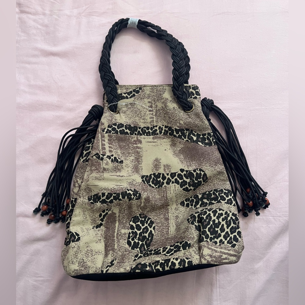 Vintage Leopard Print Tote with Black Braided Handles